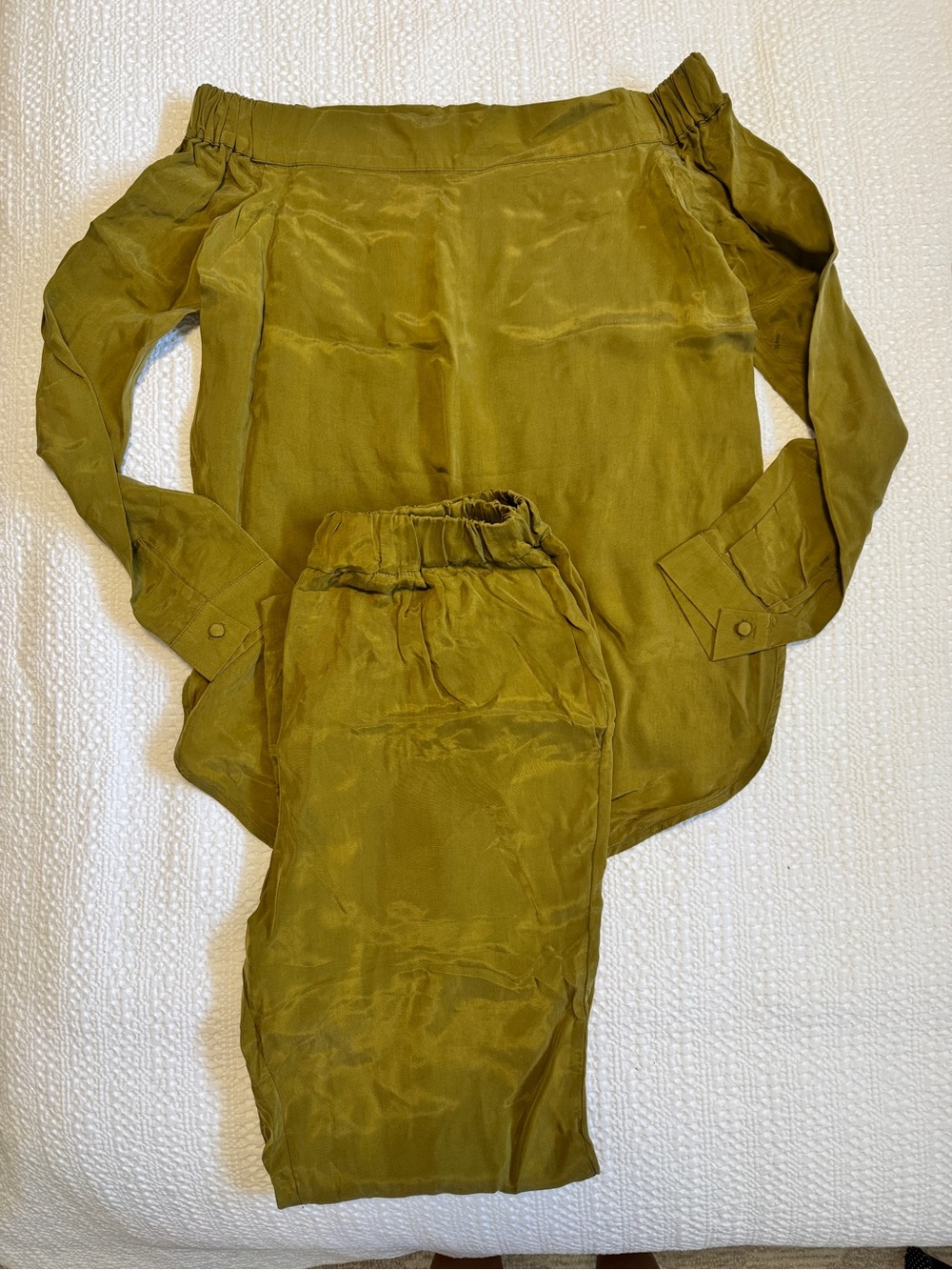 NWT Olive Green Silk Pants & Off-Shoulder Top Set